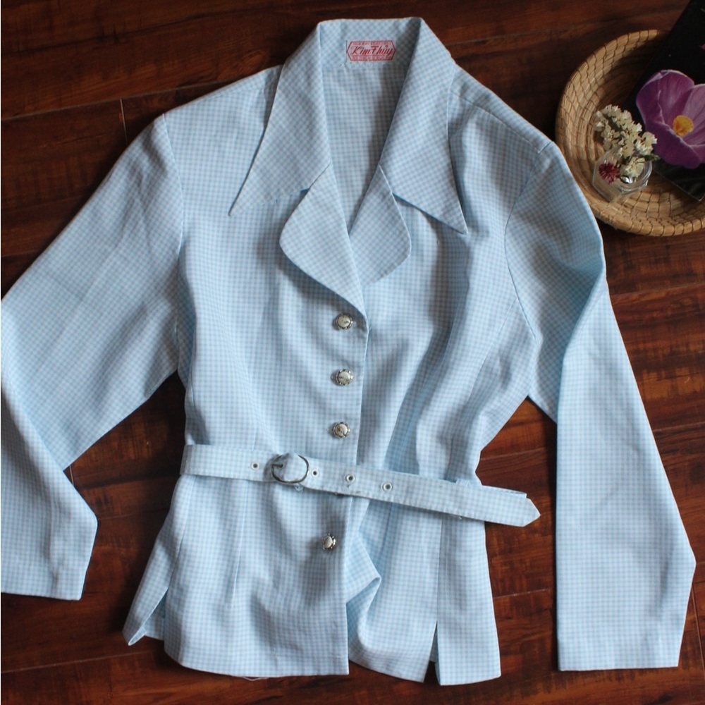 VINTAGE | Baby Blue Gingham Button-Up with Belt and Embellishments